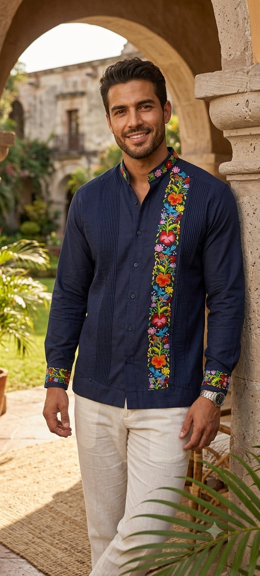 Guayabera Máquina Flores azul marino