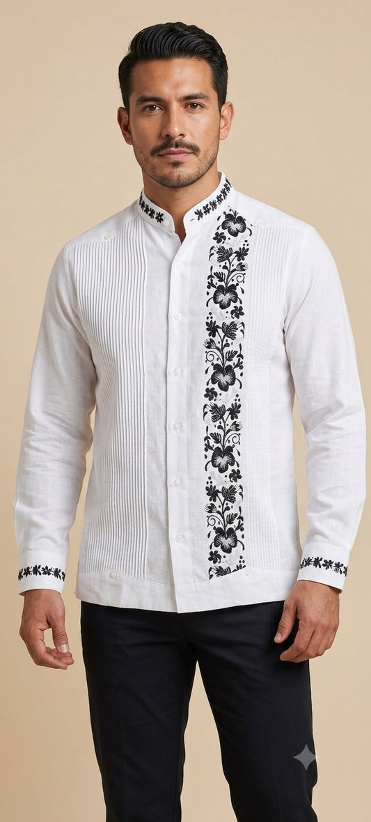 Guayabera Blanca Máquina Bordado Flores Negras