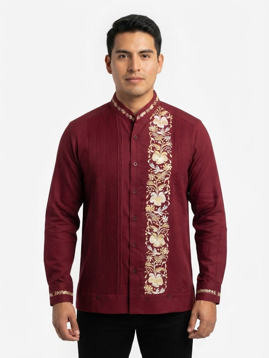 Guayabera Máquina Flores Rojo Guinda