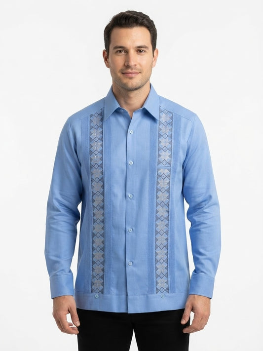 Guayabera Azul Claro Máquina Flores Manga Larga